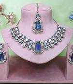 Blue yellow gold premium designer american diamond and stone work necklace set