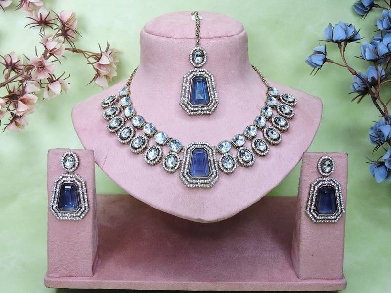Blue yellow gold premium designer american diamond and stone work necklace set