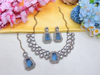 Blue yellow gold premium designer american diamond and stone work necklace set 2