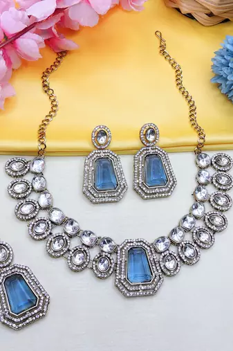 Blue yellow gold premium designer american diamond and stone work necklace set