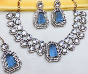 Blue yellow gold premium designer american diamond and stone work necklace set 3