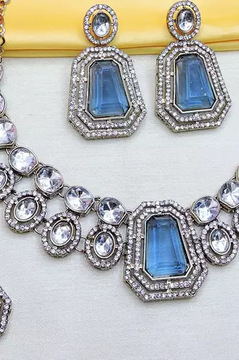 Blue yellow gold premium designer american diamond and stone work necklace set