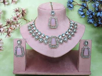 Pink yellow gold premium designer american diamond and stone work necklace set 1