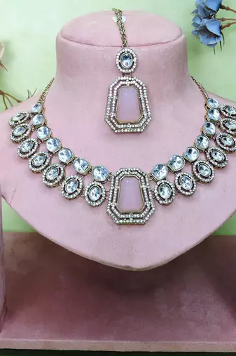 Pink yellow gold premium designer american diamond and stone work necklace set
