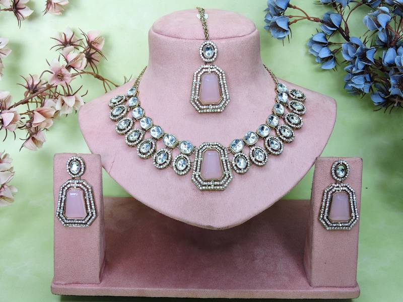 Pink yellow gold premium designer american diamond and stone work necklace set
