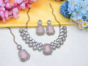 Pink yellow gold premium designer american diamond and stone work necklace set 2