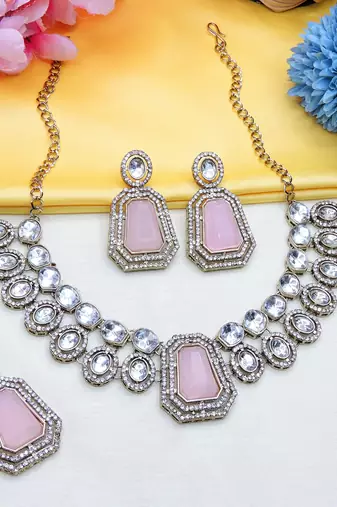 Pink yellow gold premium designer american diamond and stone work necklace set