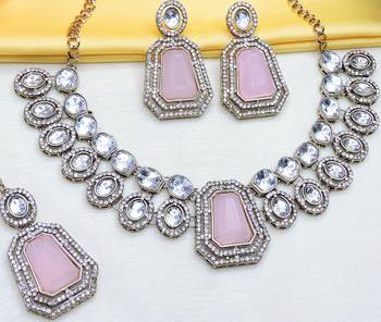 Pink yellow gold premium designer american diamond and stone work necklace set 3