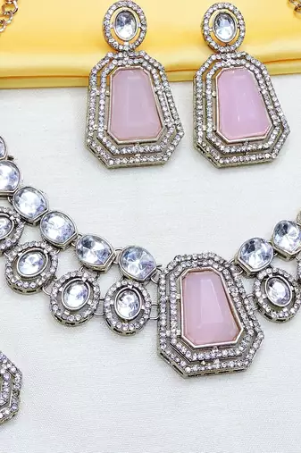 Pink yellow gold premium designer american diamond and stone work necklace set