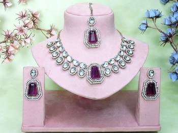Purple yellow gold premium designer american diamond and stone work necklace set 1