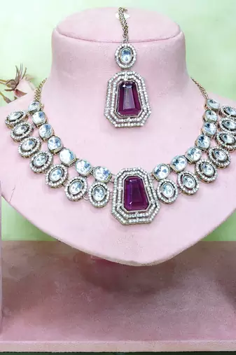 Purple yellow gold premium designer american diamond and stone work necklace set