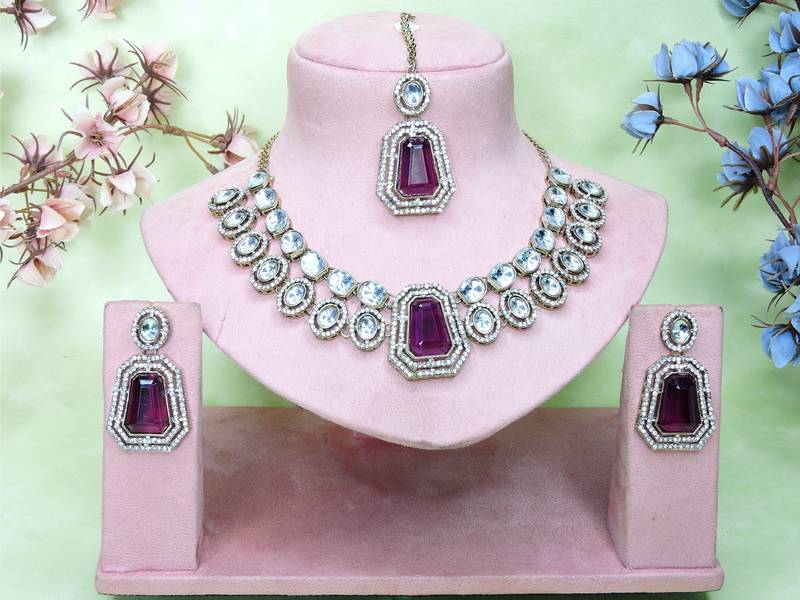 Purple yellow gold premium designer american diamond and stone work necklace set