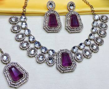 Purple yellow gold premium designer american diamond and stone work necklace set 2