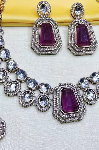 Purple yellow gold premium designer american diamond and stone work necklace set