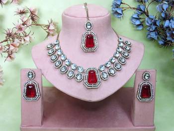 Pink yellow gold premium designer american diamond and stone work necklace set 1