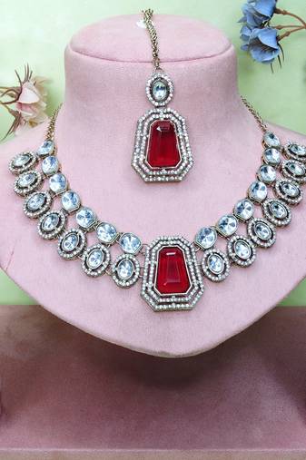 Pink yellow gold premium designer american diamond and stone work necklace set