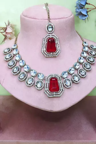 Pink yellow gold premium designer american diamond and stone work necklace set