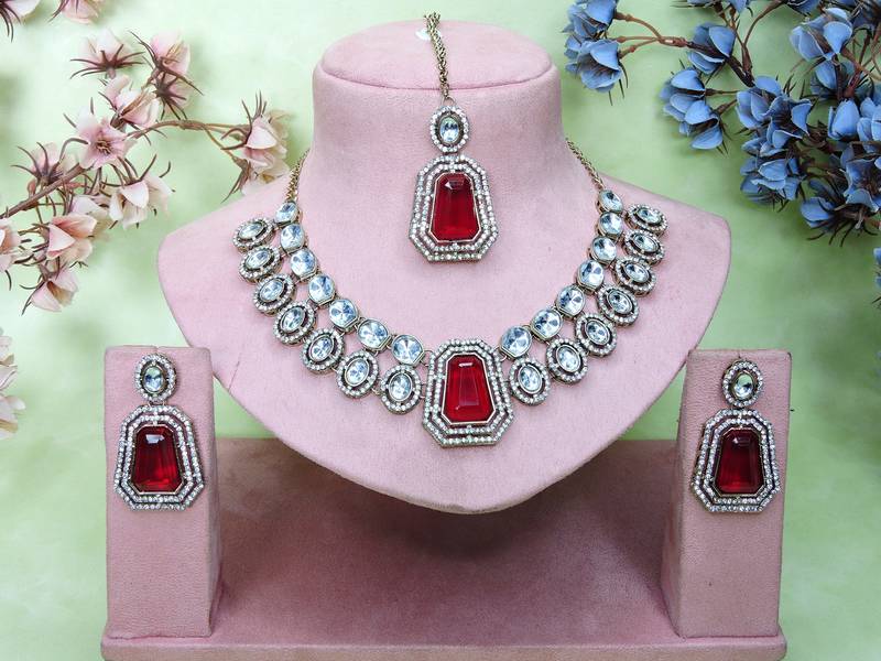 Pink yellow gold premium designer american diamond and stone work necklace set