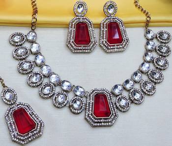 Pink yellow gold premium designer american diamond and stone work necklace set 2