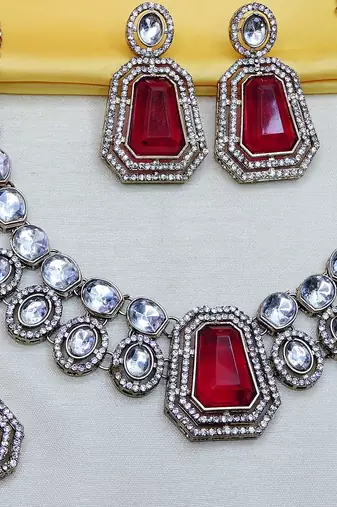Pink yellow gold premium designer american diamond and stone work necklace set