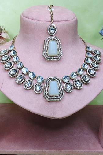 White yellow gold premium designer american diamond and stone work necklace set