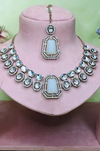 White yellow gold premium designer american diamond and stone work necklace set