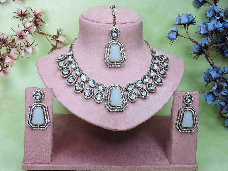 White yellow gold premium designer american diamond and stone work necklace set