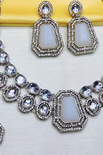 White yellow gold premium designer american diamond and stone work necklace set