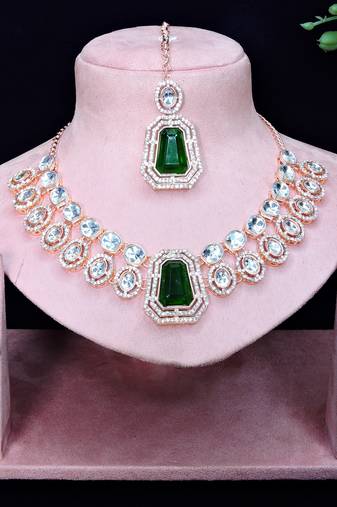 Green rose gold premium designer american diamond and stone work necklace set