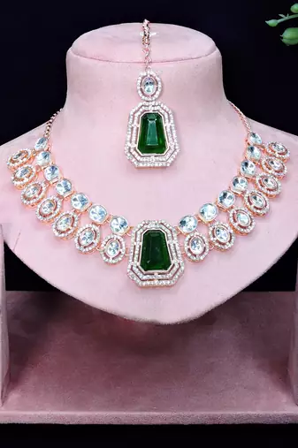 Green rose gold premium designer american diamond and stone work necklace set