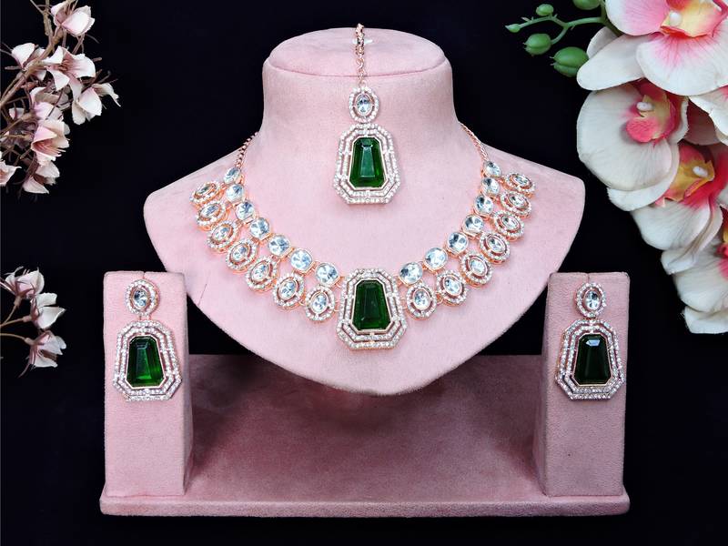 Green rose gold premium designer american diamond and stone work necklace set