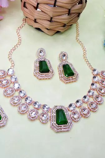 Green rose gold premium designer american diamond and stone work necklace set