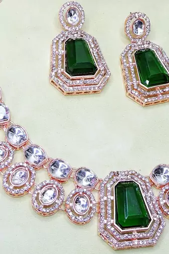 Green rose gold premium designer american diamond and stone work necklace set