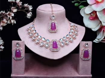 Purple rose gold premium designer american diamond and stone work necklace set 1