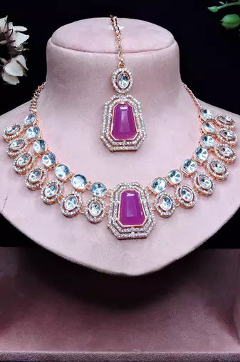 Purple rose gold premium designer american diamond and stone work necklace set