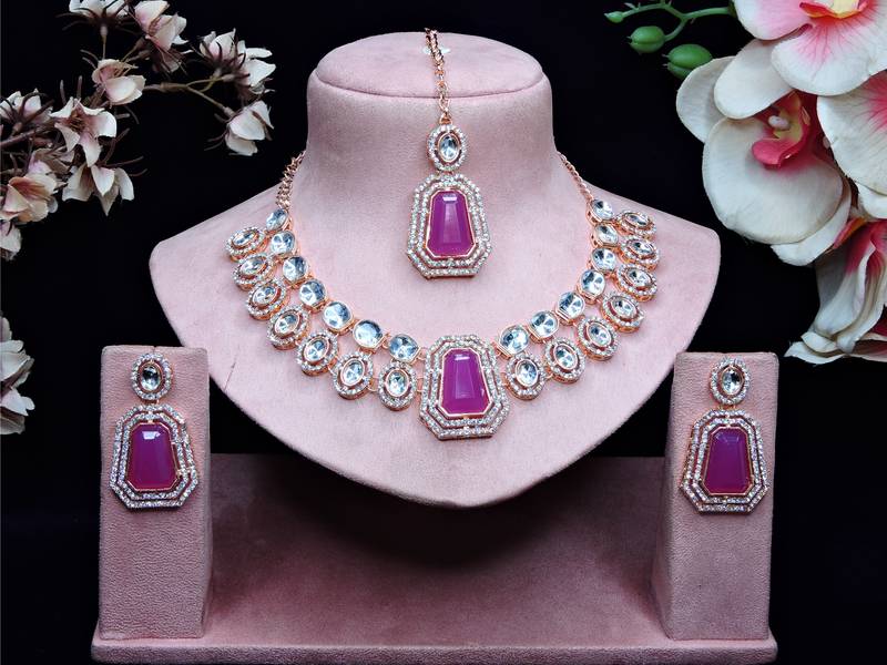 Purple rose gold premium designer american diamond and stone work necklace set