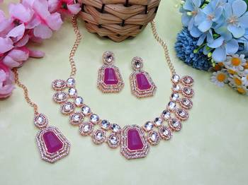 Purple rose gold premium designer american diamond and stone work necklace set 2