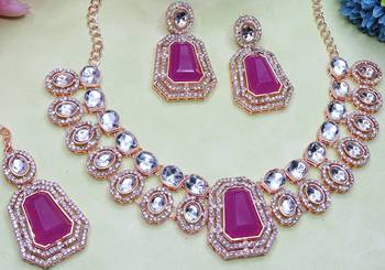 Purple rose gold premium designer american diamond and stone work necklace set 3