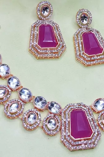 Purple rose gold premium designer american diamond and stone work necklace set