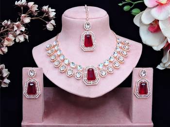 Maroon rose gold premium designer american diamond and stone work necklace set 1