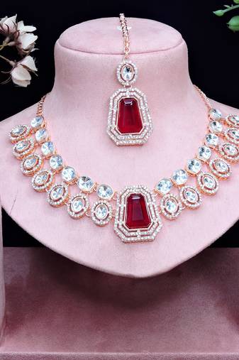 Maroon rose gold premium designer american diamond and stone work necklace set