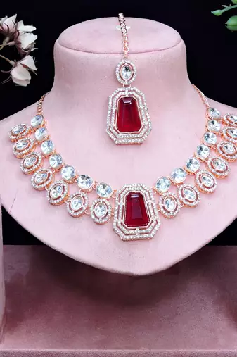Maroon rose gold premium designer american diamond and stone work necklace set