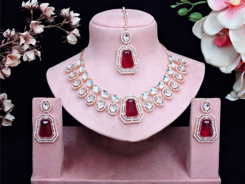 Maroon rose gold premium designer american diamond and stone work necklace set