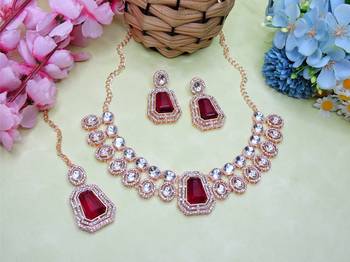 Maroon rose gold premium designer american diamond and stone work necklace set 2