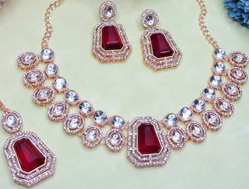 Maroon rose gold premium designer american diamond and stone work necklace set 3