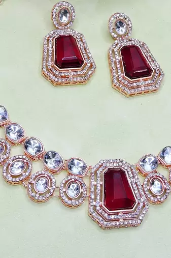 Maroon rose gold premium designer american diamond and stone work necklace set