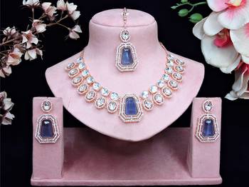 Blue rose gold premium designer american diamond and stone work necklace set 1