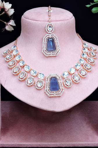 Blue rose gold premium designer american diamond and stone work necklace set