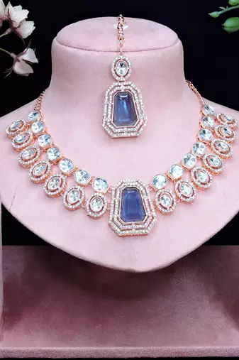 Blue rose gold premium designer american diamond and stone work necklace set