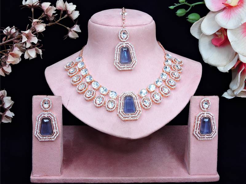 Blue rose gold premium designer american diamond and stone work necklace set